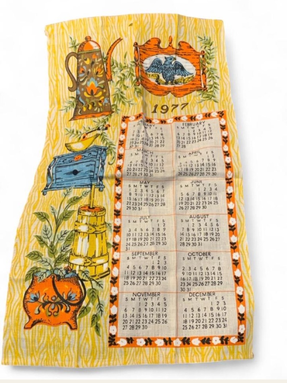 NOS Vintage 1977 Yellow Kitchen Calendar Tea Towel